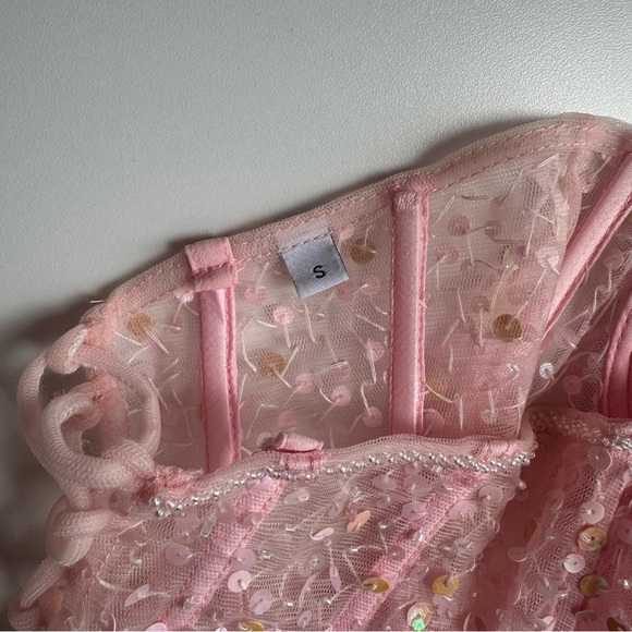 Baby Pink Sequin Tie-Back Bow Corset - Picture 8 of 11